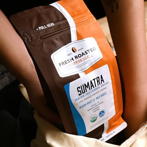 Fresh Roasted Coffee, Organic Sumatra Water-Processed Decaf Drip Ground Coffee, Medium Roast, USDA Organic, 100% Single Origin, Kosher, 12 oz