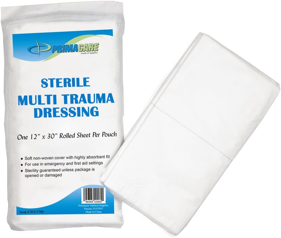 Primacare WT-7705 First Aid Sterile Multi Trauma Dressing for Stopping Heavy Bleeding in Large Open Wounds, Treating Lacerations and Piercing Injuries, 30" x 12"