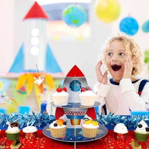 2Pcs Space Cupcake Stand - 3 Tier Outer Space Rocket Theme Birthday Party Decorations Cardboard Cake Holder Dessert Tower for Boys Kids Galaxy Solar System Baby Shower Party Supplies Favors
