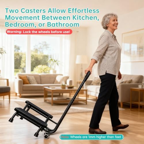 2 Step Stool with Handrail & 2 Casters for Elderly, Bed Steps for High Beds for Adults, Non Slip Platform and Adjustable Handrail, for Kitchen Bathroom RV Bathtub, Assist Rail for Elderly, black