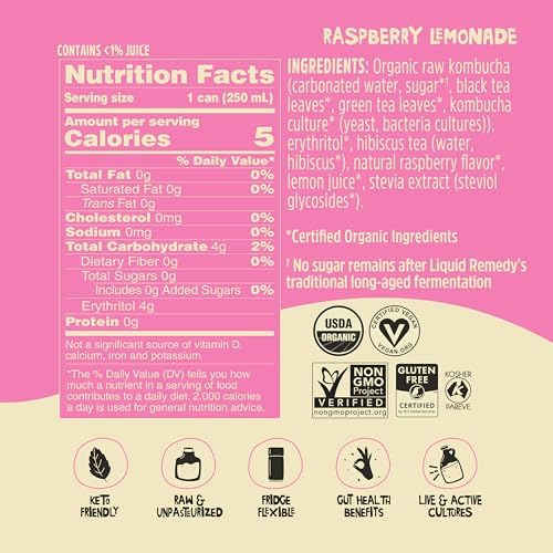 Liquid Remedy Kombucha Sugar Free Organic Drink, Low Calorie, Probiotic Like Tea for Gut Health - Raspberry Lemonade - 8.5 Fl Oz Can, 12-Pack