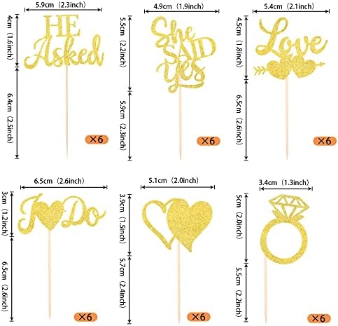36 Pack He Asked She Said Yes Cupcake Toppers Glitter Love Heart I do Ring Cupcake Food Picks for Wedding Engagement Bridal Shower Party Cake Decorations Supplies Gold
