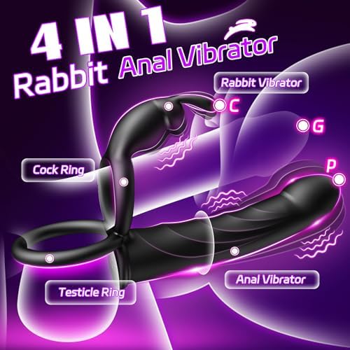 4 In 1 Anal Dildo Vibrator with Double Cock Ring & Rabbit Clitoral Stimulator, Strap On Double Dildo with 10 Vibration Modes, X-pidany Vibrating Butt Plug Prostate Massager Anal Toys, Couples Sex Toys