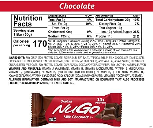 NuGo Protein Bar, Chocolate, 11g Protein, Gluten Free, 15 Count