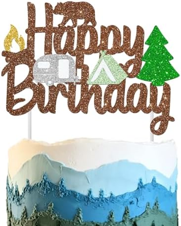Camping Birthday Cake Topper Happy Camper Cake Decorations Bear Woodland Tent Themed Birthday Decorations Glitter Lumberjack Cake Picks for Outdoor Adventure Baby Shower Wild Party Supplies