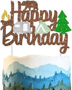 Camping Birthday Cake Topper Happy Camper Cake Decorations Bear Woodland Tent Themed Birthday Decorations Glitter Lumberjack Cake Picks for Outdoor Adventure Baby Shower Wild Party Supplies