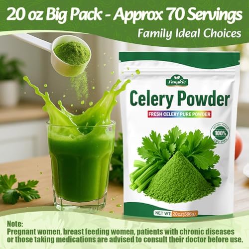 Fangkic Pure Celery Powder 20 oz, Fresh Celery Juice Powder for Drink, 1.25 lb / 70 Servings per Pack with a Spoon, 100% Natural, Vegan, Gluten Free, UltraFine Cold Pressed, for Baking, Smoothie, Cooking