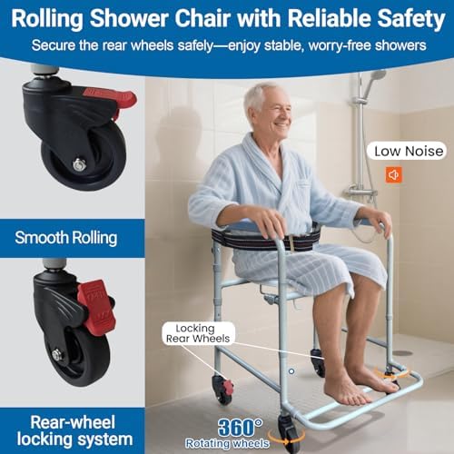 Aliseniors 3-in-1 Rolling Shower Chair with Wheels, Bedside Commode Transport Wheelchair, Waterproof Inside Bathroom & Toilet Chair for Handicap, Elderly, Injured or Disabled, 250 lbs