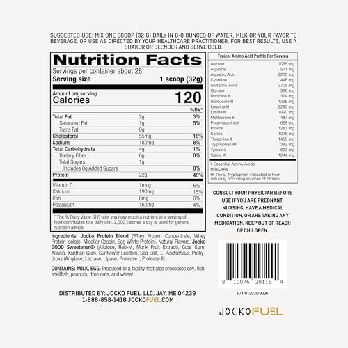Jocko Fuel Whey Protein Powder, Vanilla Milkshake, 22g Protein, Digestive Enzymes + Probiotic Blend, No Sugar Added, with Essential Amino Acids + Electrolyte Minerals, 28 Servings