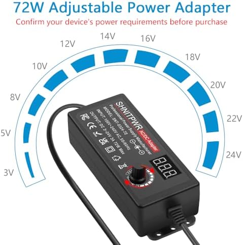 SHNITPWR 3V ~ 24V 3A 72W Power Supply Adjustable DC 3V 5V 6V 9V 12V 15V 16V 18V 19V 20V 24V Variable Universal AC/DC Adapter 100V-240V AC to DC Converter with 14 Tips 5.5x2.5mm 4.0x1.7mm 3.5x1.35mm