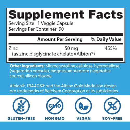 Doctor's Best High Absorption Zinc Bisglycinate 50mg High Potency Supporting Enhancing Immune System Antioxidant VC, 90 Count