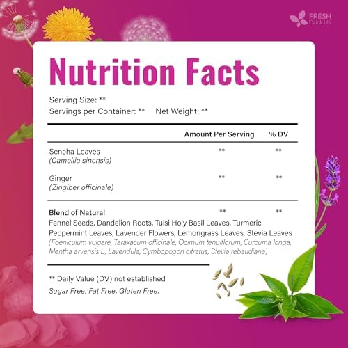 FreshDrinkUS, Premium Herbal Wellness Tea Bags | 75 Count | Blend of Sencha, Ginger, Fennel, Dandelion, Tulsi, Turmeric, Peppermint, Lavender, Lemongrass & Stevia – Herbal Tea. Vegan