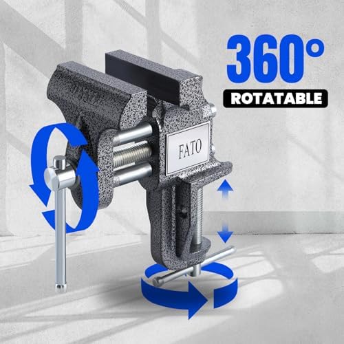 FATO 3 Inch Table Vise with 360° Swivel Base, Heavy Duty Clamp-On Bench Vise, Portable Tabletop Vise for Workbench Woodworking, Metalworking, Drilling, Cutting, Repair DIY Garage Tool