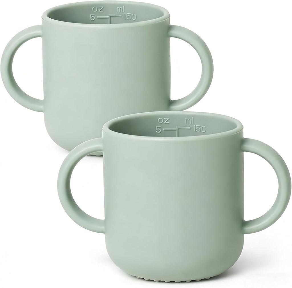 ROCCED Silicone Training Cup for Infants 2 Handles, Toddler Learning Cup Baby Drinking Open Cups Easy Grip Handles Toddler Cup for 6 Months+ 150ml/5oz-Sage