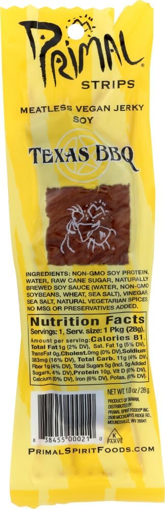 Primal Spirit “SOY” Vegan Jerky – “Classic Flavor” – Texas BBQ, 10 g. Plant Based Protein, Certified Non-GMO, No Preservatives, Sports Friendly Packaging (12 Pack, 1 Oz)