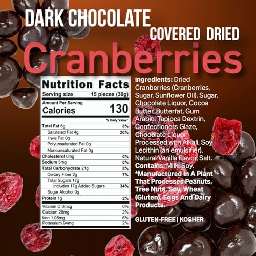 SweetGourmet Dark Chocolate Covered Cranberries, Gluten-Free, 1 Pound Resealable Pouch