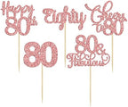 30 Pack Happy 80th Birthday Cupcake Toppers Rose Gold Glitter Eighty Cheers to 80 Years Old Birthday Cupcake Picks for Happy 80th Anniversary Party Cake Decorations