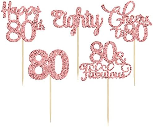 30 Pack Happy 80th Birthday Cupcake Toppers Rose Gold Glitter Eighty Cheers to 80 Years Old Birthday Cupcake Picks for Happy 80th Anniversary Party Cake Decorations