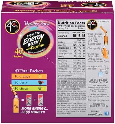 4C Energy Rush Stix, Variety 1 Pack, 40 Count, Single Serve Water Flavoring Packets, Sugar Free with Taurine, On the Go Bundle (20 Berry, 10 Orange, 10 Citrus)