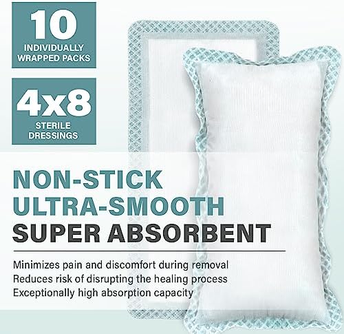 EVERLIT Super Absorbent Dressing for Wound Care | Nonstick Soft Surgical Gauze Pad for Heavily Exuding Wounds | Large Sterile Non-Adhesive Bandage for Fast Healing Wound Care | Pack of 10 (4" x 8")