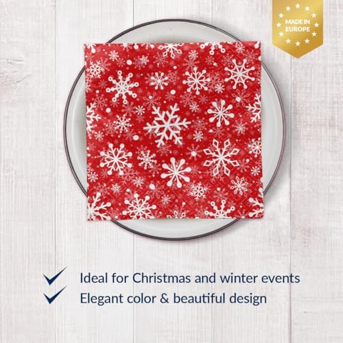 PAW - Winter Luncheon Napkins 6,5'' x 6,5'', Red Disposable Paper Napkins with Snowflakes, Lunch Napkins for Winter Birthdays, Christmas Parties, New Years, Decoupage, 50 Count