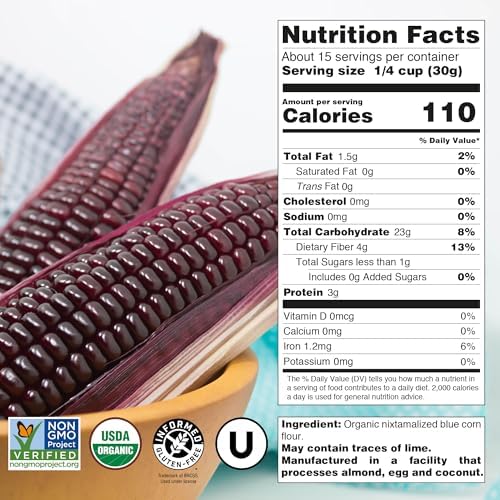 USDA Organic Blue Corn Flour 1lb, Flour for Tortillas, Sopes, and Mexican Dishes, Gluten-Free, Kosher and Vegan, Masa Flour for Baking, Just About Foods