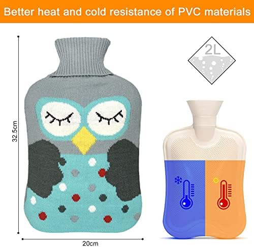 Hot Water Bag Hot Water Bottle 2 Liter Heat Up and Refreezable Hot Cold Pack with Knit Cover for Pain Relief Hot Cold Therapy, Cartoon Owl