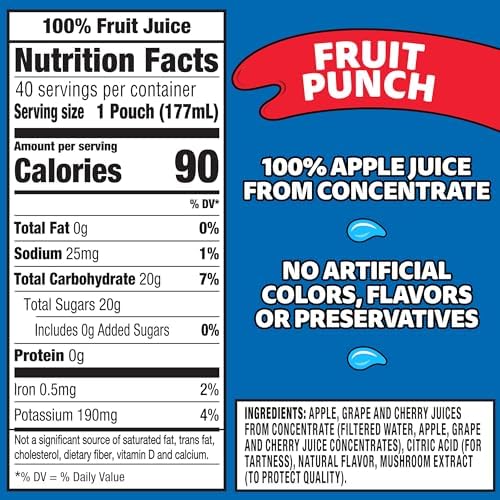 Capri Sun 100% Juice Fruit Punch Naturally Flavored Juice Blend, 40 ct Pack, 4 Boxes of 10 Pouches