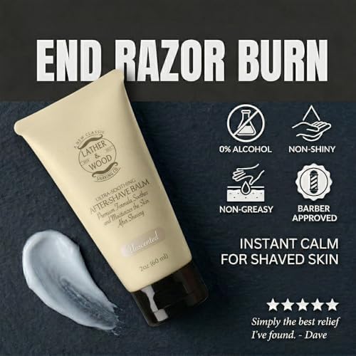 Lather & Wood Unscented Aftershave Balm for Men – Soothes Razor Burn, Hydrates & Restores Skin – Alcohol Free, Non-Greasy Formula - 2oz