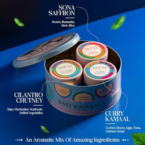 Satya Blends Indian Spice Set of 3 - Cliantro Chutney, Curry Kamaal & Sona Saffron | Vegan | Gluten & Dye Free | Low Sodium | Authentic Indian Spices and Seasoning Gift Set (Pack of 3)