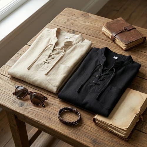 Men's Vintage V-Neck T-Shirt Linen Pirate Medieval Viking Gothic Tops Shirts Long Sleeved, Casual, Breathable