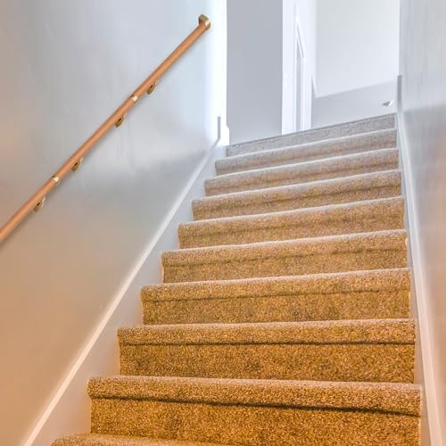 HouseAid 3.6 ft Wood Handrail for Indoor Stairs, Solid Beech Stairs Handrail with Gold Metal Alloy Brackets, Upgraded 1-3/5” Round, Wall Mounted