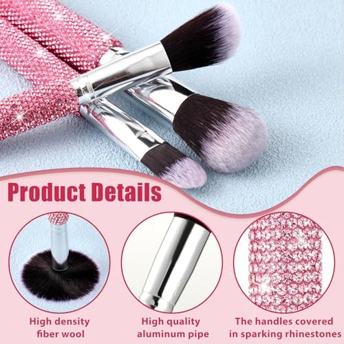 Nuogo Pink 13 Pcs Rhinestone Makeup Brushes Set 12 Bling Crystal Professional Face Cosmetics Blending Liquid Foundation Powder Concealer Eye Shadows Make up Beauty Tool Glitter with 1 Holder