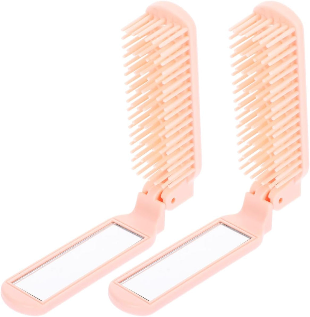 NOLITOY 2pcs Folding Hairbrush with Mirror, Mini Travel Hair Brush Pocket Hair StylingTool for Purse Gym Trip (Pink)
