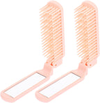 NOLITOY 2pcs Folding Hairbrush with Mirror, Mini Travel Hair Brush Pocket Hair StylingTool for Purse Gym Trip (Pink)