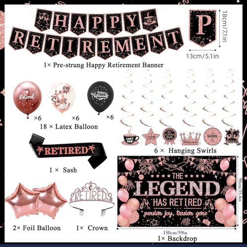 Roetyce Retirement Party Decorations Women, Black and Pink Happy Retirement Banner Backdrop Balloon Hanging Swirls for Coworker, Rose Gold Lengend Has Retired Sash & Crown, Office Retired Background