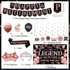 Roetyce Retirement Party Decorations Women, Black and Pink Happy Retirement Banner Backdrop Balloon Hanging Swirls for Coworker, Rose Gold Lengend Has Retired Sash & Crown, Office Retired Background