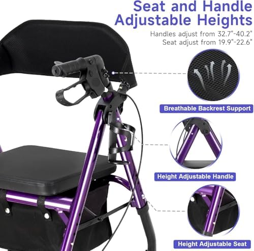 Lightweight Rollator Walker with Seat & Backrest - Foldable Mobility Aid for Seniors, 8" Large Airless Tires, Adjustable Height, Brake,Storage Bag,300 lbs Capacity, 4 Wheel Rolling Walkers for Adults
