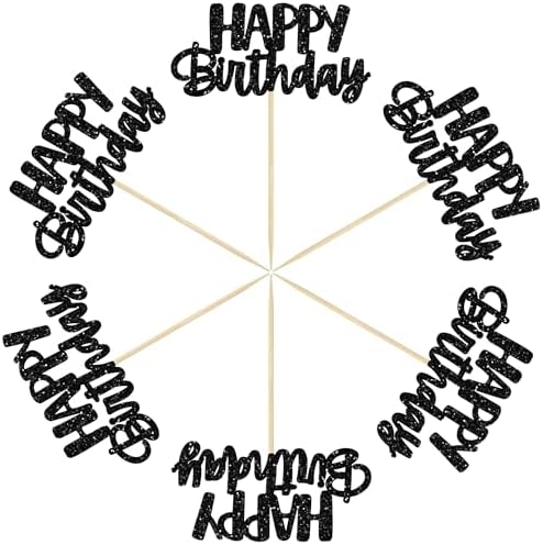 Gyufise Happy Birthday Cupcake Toppers Black Glitter Birthday Cake Topper Picks Dessert Topper Decoration for Birthday Party Anniversary Celebration