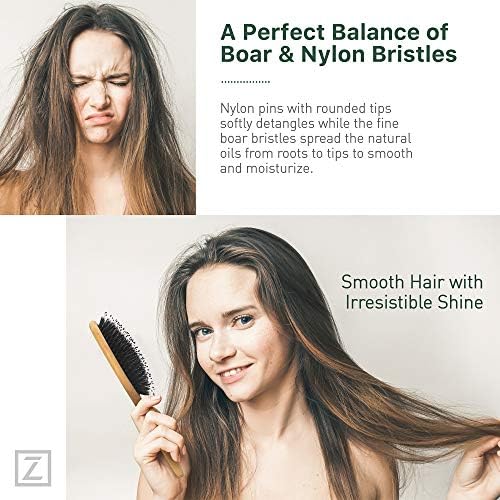 Natural Boar Bristle Hair Brush for Women, Men, Kids; Dry and Wet Detangling Hair Brush Gently Enhances Shine, Smooths Frizz and Prevents Breakage in Fine and Straight, Thick and Curly Hair (oval)