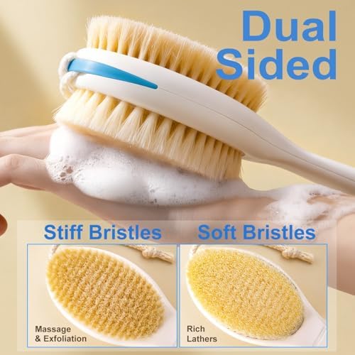 BUBBLEDANCE® Back Scrubber for Shower with Extendable Long Handle (17.5-31.9"), Dual-Sided Shower Brush with Natural Stiff & Soft Bristles, Anti-Slip Body Exfoliator for Bath & Dry Brushing