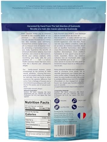 Pure Flourish Coarse Sea Salt 1.1 LB | Certified French Harvest & Import | Organic & Unrefined | Rich in 82 Essential Minerals | Hand Harvested Light Grey Coarse Salt Crystals from France