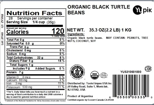 Yupik Organic Black Turtle Beans, 2.2 lb (35.3 oz), Non-GMO, Vegan & Gluten-Free, USDA Certified, Kosher, Dried Beans, Excellent Source of Protein & Fiber, Perfect for Soups, Salads & Dips