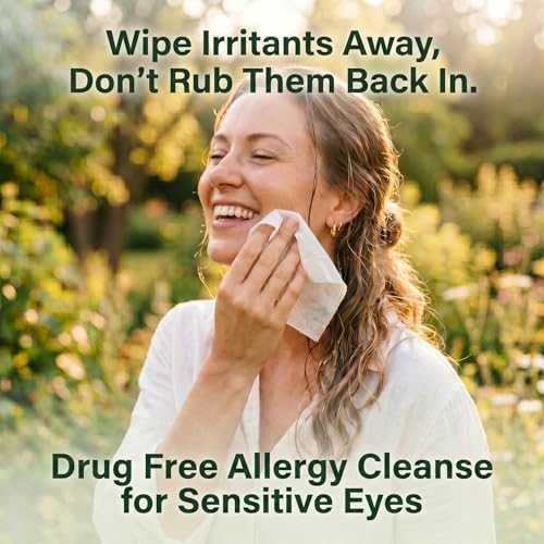 Allergy Eye Wipes for Dry Itchy Red Eyes 30 Count | Drug Free Eye Wipes for Pollen Pets & Seasonal Allergies | Hyaluronic Acid, Chamomile & Aloe | Individually Wrapped Sensitive Eye Cleansing Wipe