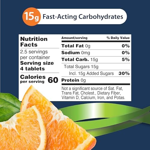 TRUEplus Glucose Tablets, Chewable, Orange Flavor, 15g Fast-Acting Carbohydrates, Fat Free, Gluten Free, Raise Low Blood Sugar and Boost Energy, 10 Count, 6 Tubes