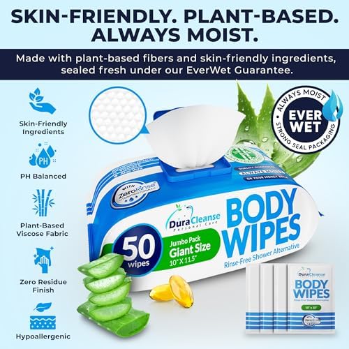 XL Body Wipes for Adults Bathing – 50 Ct + 4 Travel Shower Wipes 10 x 11.5" Thick Cleansing No Rinse Bath Wash Sheets for Elderly, Incontinence, Men & Women, Camping Essentials Disposable Washcloths