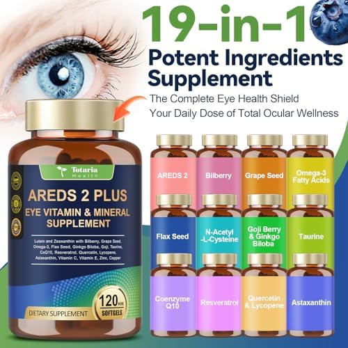 19-in-1 AREDS 2 + Eye Vitamins for Macular Health and Dry Eye, Lutein and Zeaxanthin Supplement with Vitamin C/E, Zinc, Omega-3, Support Eye Strain, Pressure, Night Vision & Hydration - 120 Softgels