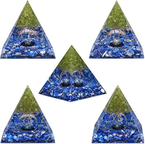 Amogeeli Peridot Crystal Tree of Life Orgone Crystal Pyramid with Glass Sphere, Healing Stone Orgonite Pyramid for Meditation Reiki Yoga Home Decoration