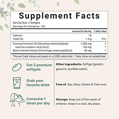 Evening Primrose Oil 1300mg Per Serving, 240 Softgels | Enhanced with 40mg Black Cohosh Extract, Cold Pressed – 10% Active GLA, Non-GMO, No Gluten, Easy to Swallow