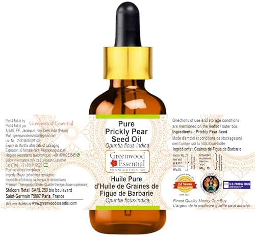 Greenwood Essential Prickly Pear Seed Oil (Opuntia ficus-Indica) with Glass Dropper | Infused | Pure | Non-Sticky | Lightweight | for Facial Care | Natural | Men & Women | 50ml (1.69 oz)